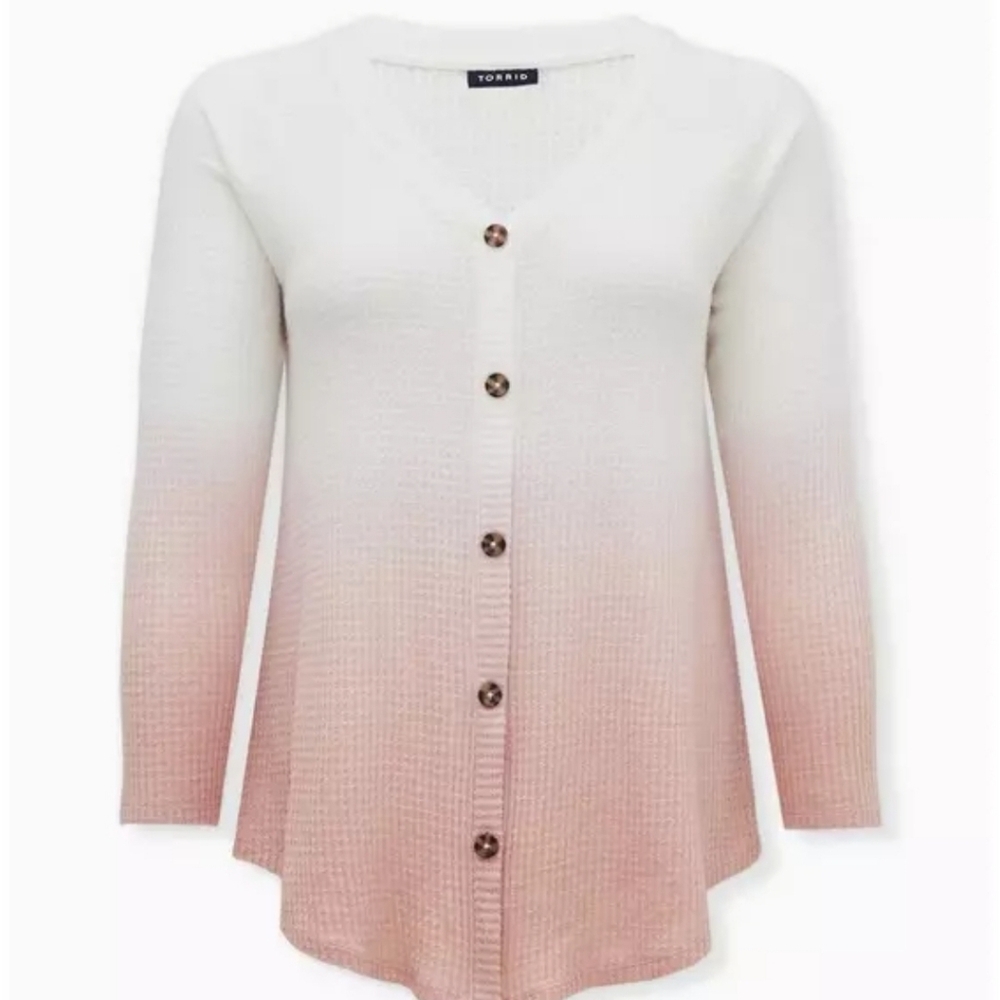 Torrid Cream to Blush Pink Ombre Waffle V-Neck Button-Front Long Sleeve Top